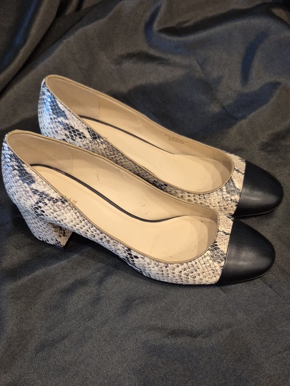 Cole Haan Go To Snake Print Block Heel Pumps with Black Cap Toe